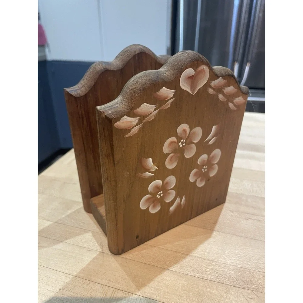 Vtg Wooden Sunbonnet Girl Pie Flowers Hand Painted Napkin Holder Country Prairie